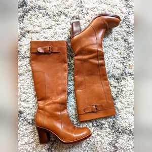 Via Spiga Delta Knee High Chestnut Leather Buckle Stacked Heel Boots